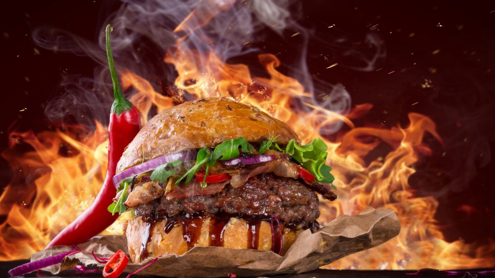 burger-fire-fast-food-4k-wallpaer