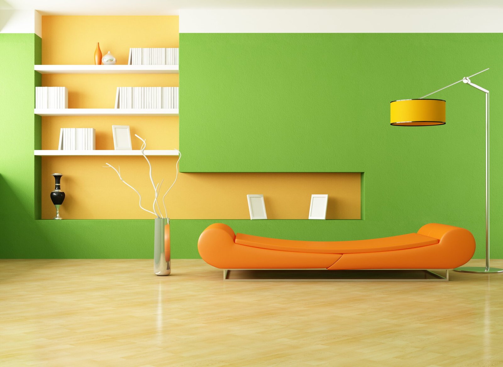 green-yellow-wall-with-book-self-and-orange-sofa