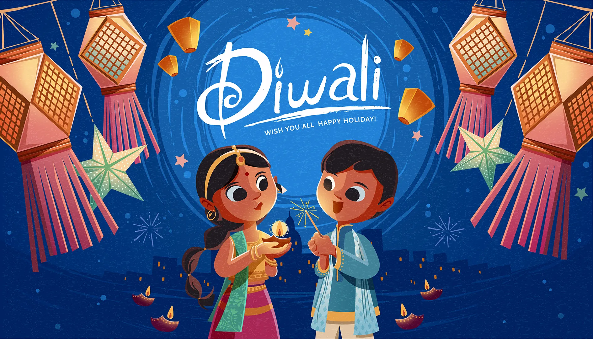 diwali-children-holding-oil-lamp-sparkler-with-hanging-indian-lanterns-sky-lanterns